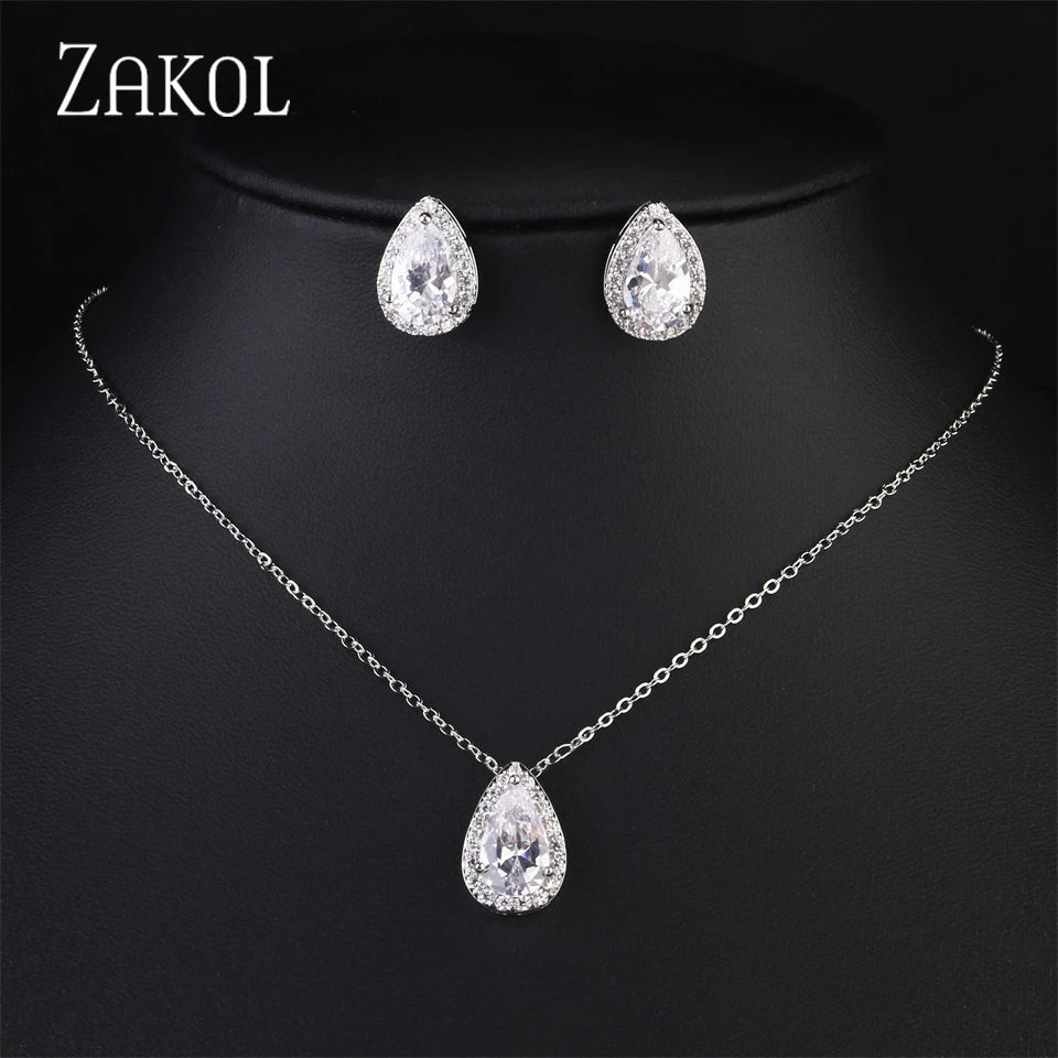 ZAKOL Klassisches Wassertropfen-Zirkonia-Hochzeitsschmuck-Set für Frauen, glänzender AAA-Kubikzirkon, Ohrringe, Halskette, Schmucksets, Geschenk
