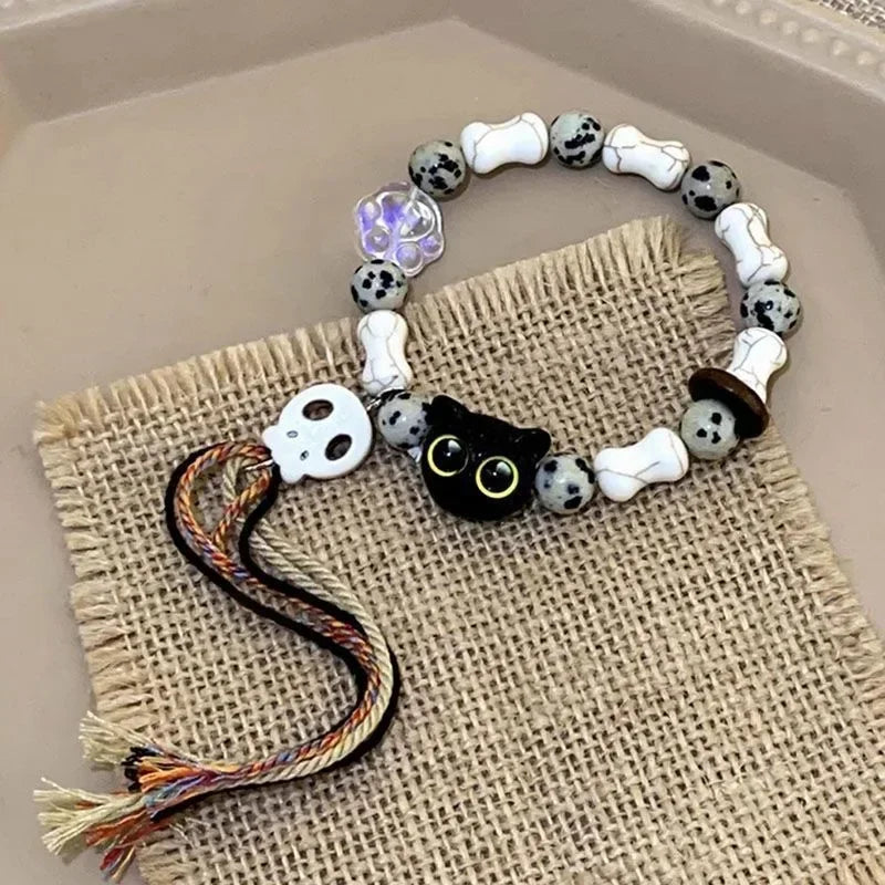 Vintage süßes großes Auge Katze Paar Armband mit Totenkopf bunte Quasten Keramik geflochtene Seil Armbänder Mode Frauen Schmuck Geschenk