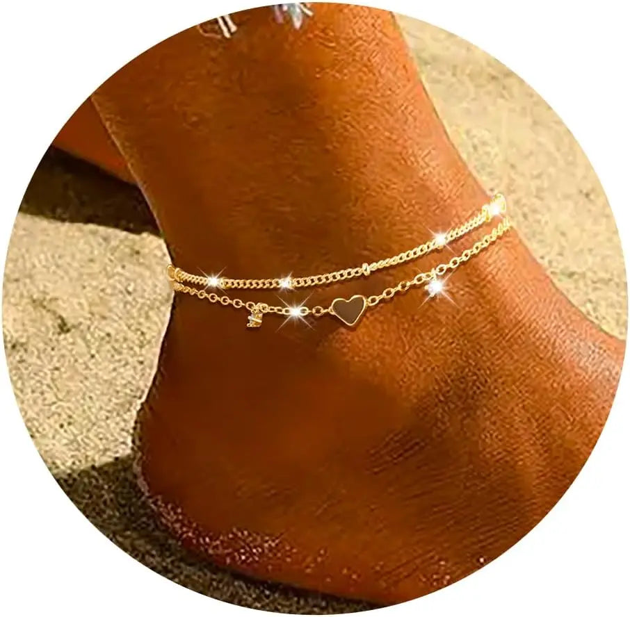 Wasserdichtes Fußkettchen-Armband für Damen, zierliche Edelstahl-CZ- und Herz-Charm-Fußkettchen mit zierlicher Schichtkette für Teenager-Mädchen im Trend
