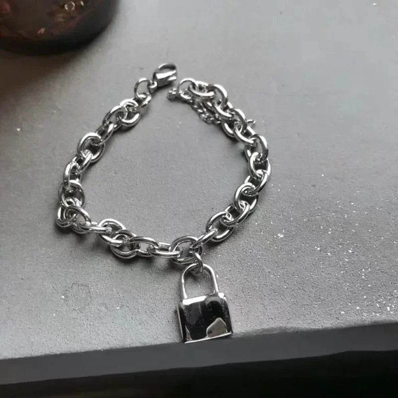 Punk Edelstahl Schloss Anhänger Armband Armband Chunky Link Kette Gothic Schloss Armreifen für Frauen Männer Mode Schmuck S485