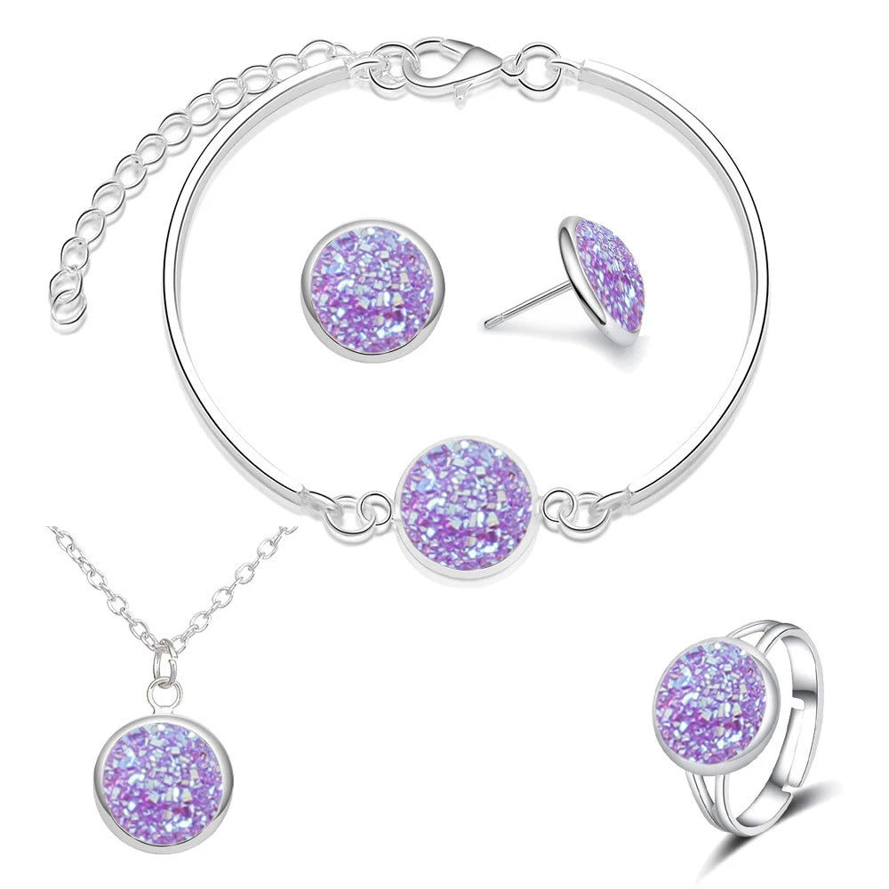 Luxuriöses Quartz-Strass-Schmuckset für Frauen, einfache runde Ohrringe, Halsketten-Set, Brautschmuck, 4-teilig, versilberter Schmuck