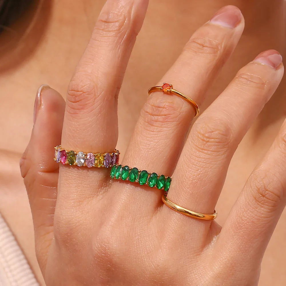 1Pc Trendy Edelstahl 18K Gold Überzogene Oval Zirkonia Ringe Bunte Zirkon Frauen Ring Urlaub Partei Schmuck Mama geschenke