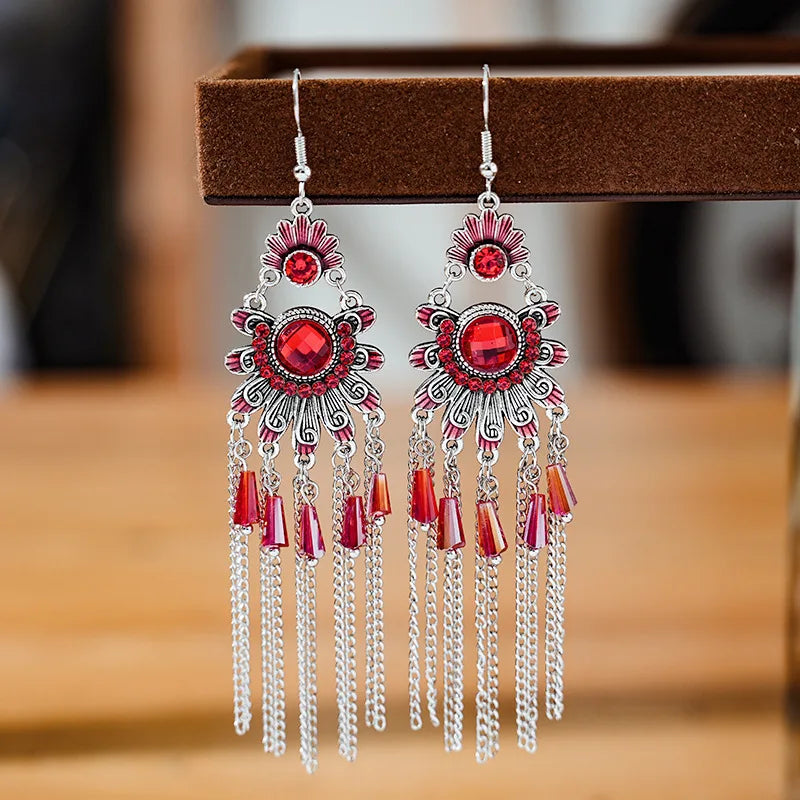 Vintage Ethnische Bunte Kristall Baumeln Ohrringe für Frauen Klassische Strand Kette Quaste Tropfen Ohrring Weibliche Pendiente Bijoux