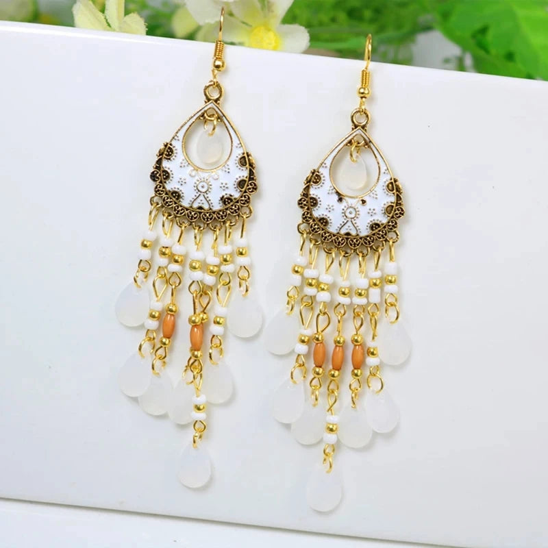 Bohemian Lange Bunte Quaste Perlen Wasser Tropfen Baumeln Ohrringe Für Frauen Vintage Gold Farbe Tropfen Glasur Ohrringe Pendientes Mujer