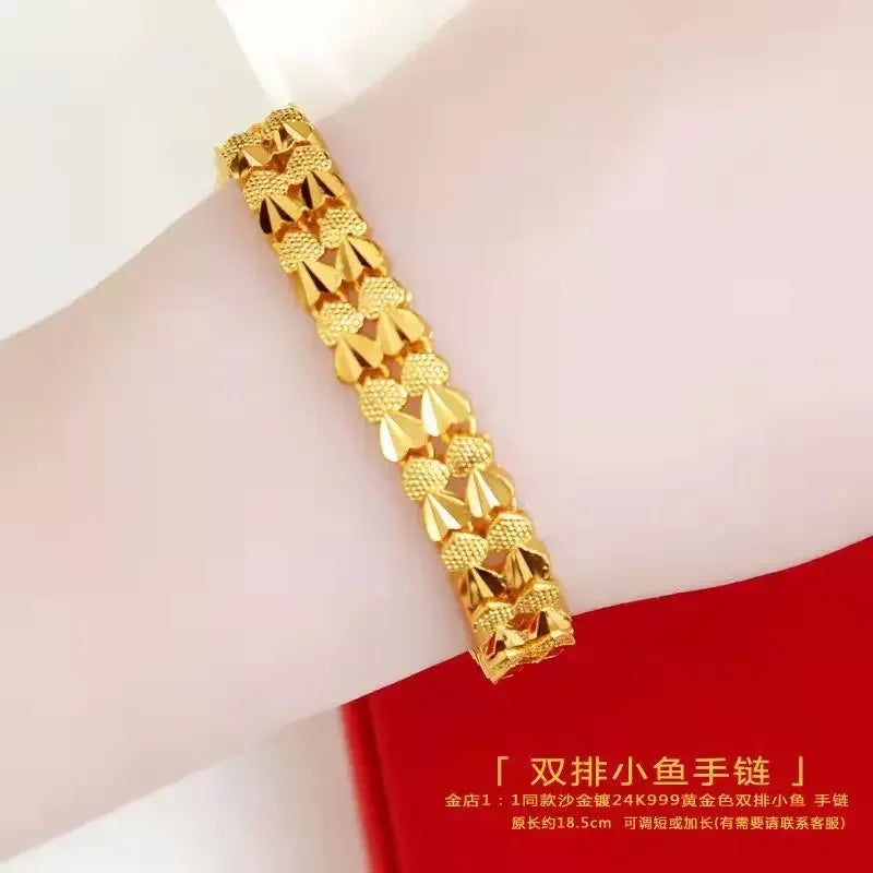 Überzogenes Goldarmband, weiblich, rein vergoldet, goldene Liebe, Glücksperle, Doppel-Herz-Phoenix-Schwanz-Schmetterlings-Armreif, Schmuck