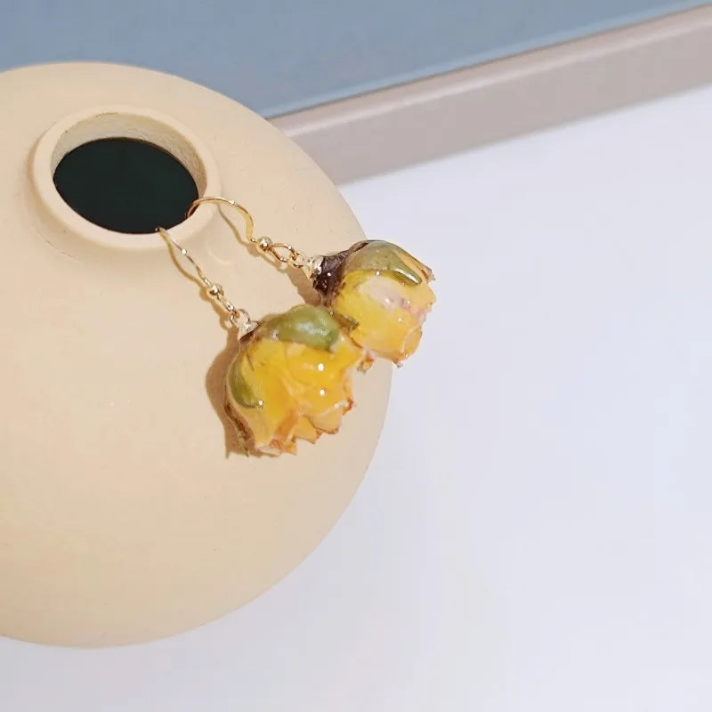 Einzigartige getrocknete Blumenohrringe, elegante natürliche Rose, Blumenperle, Quaste, lange Ohrringe, Epoxidharz, Rosenohrringe, Schmuck im Großhandel