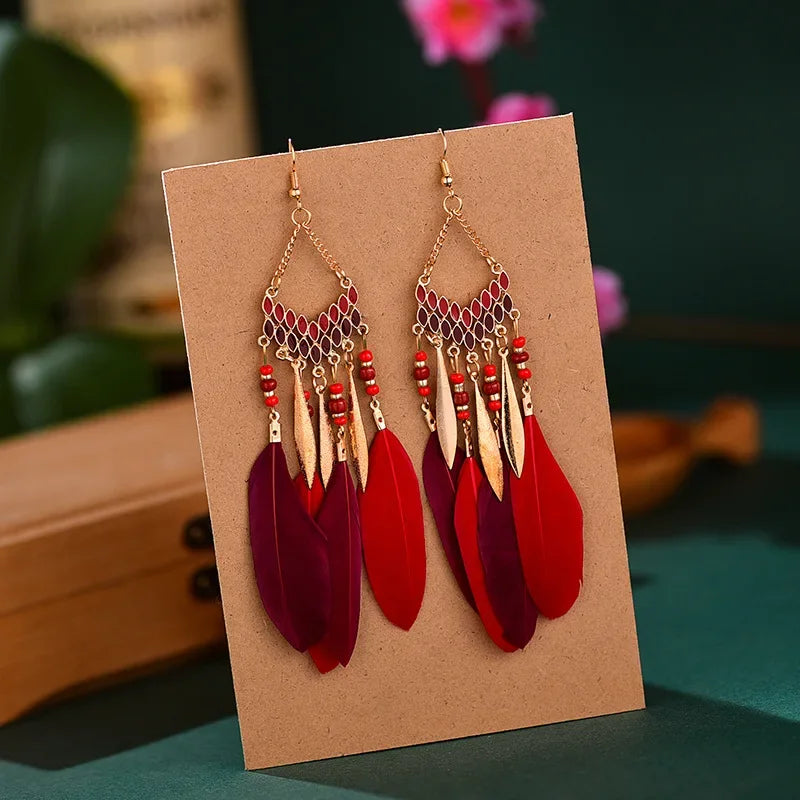 Bohemian Ethnische Feder Baumeln Ohrringe Für Frauen Trendy Lange Quaste Bunte Perlen Tropfen Ohrringe Mädchen Weibliche Boho Schmuck