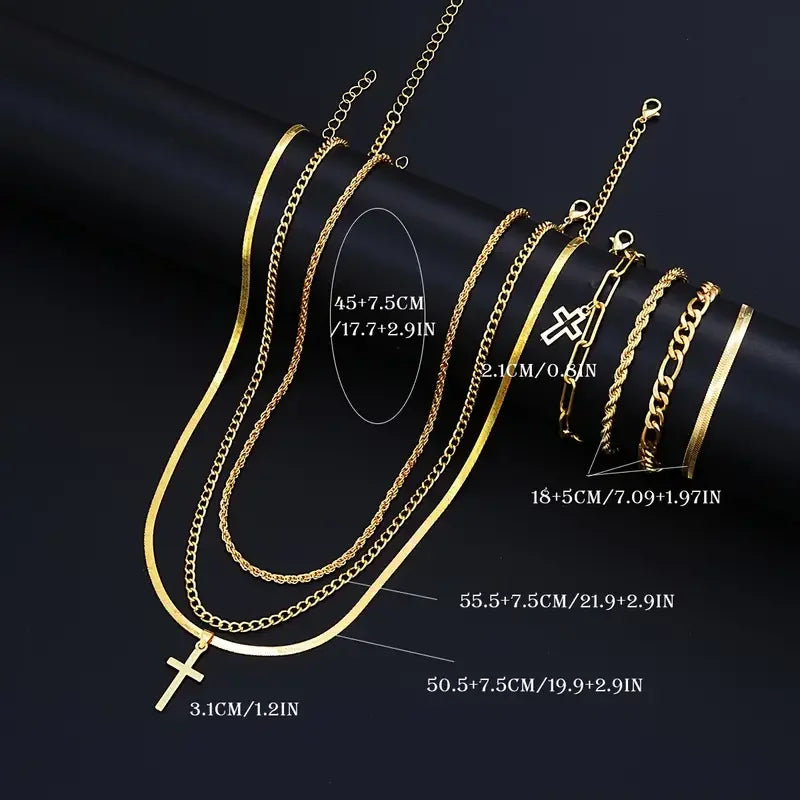 7-teiliges, elegantes, minimalistisches Kreuz-Anhänger-Schmuckset aus Edelstahl für Herren, Kette, Halskette, Armband, Schmuck für den Alltag