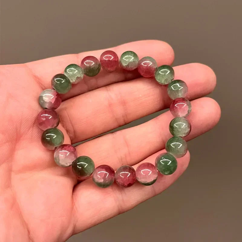 Natürliches rosa/buntes Kristall-/Porzellan-Armband mit Eis-Rissmuster und gemusterten Perlen, einzelner Kreis, glücklicher Heilstein, Schmuck, Geschenk