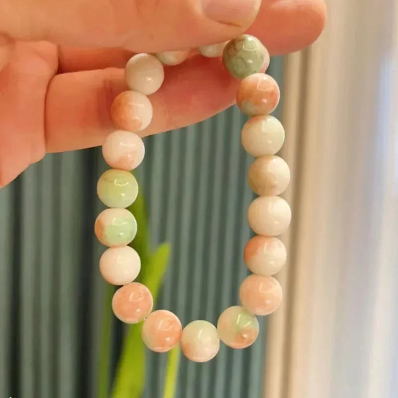 Natürliches rosa/buntes Kristall-/Porzellan-Armband mit Eis-Rissmuster und gemusterten Perlen, einzelner Kreis, glücklicher Heilstein, Schmuck, Geschenk