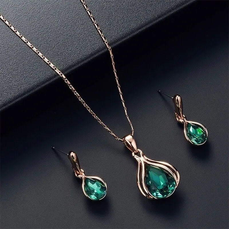 3 Stück rosé goldfarbene Halskette Ohrringe grüne Kristallglas legierung Anhänger einfache Mode Stil Schmuck Set