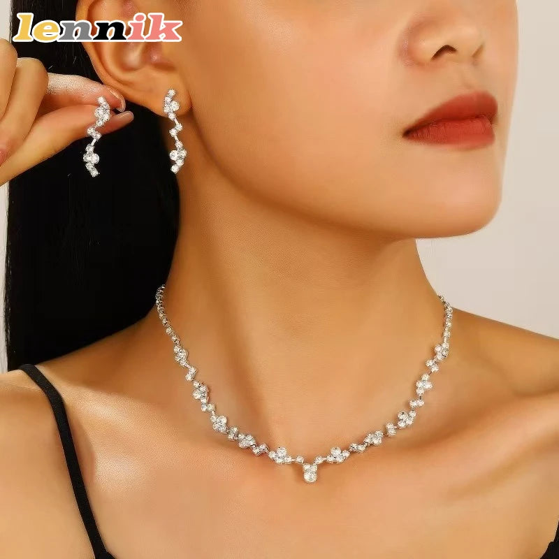 LENNIK Super funkelndes exquisites Kristall-Halsketten-Ohrring-Set, Brautaccessoires, Hochzeitsaccessoires, Bankett-Ohrringe