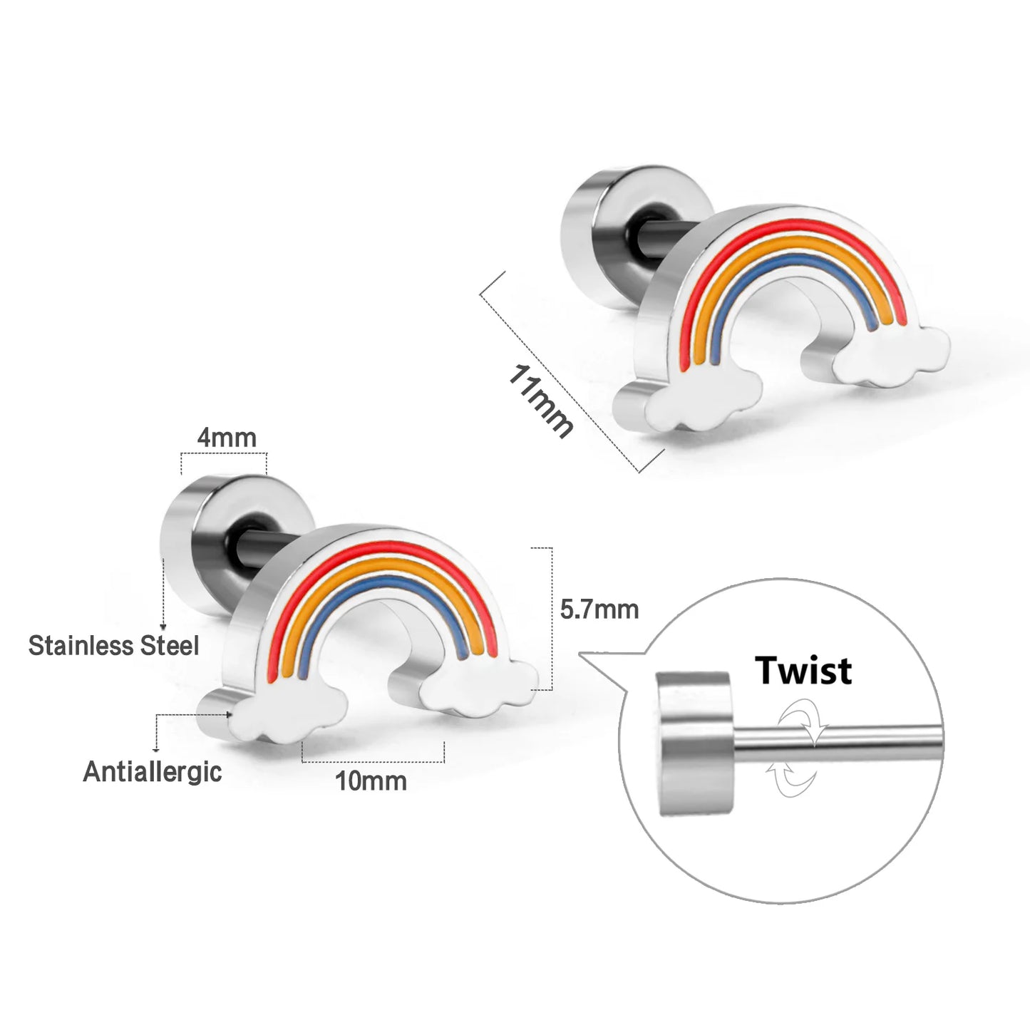 LUXUKISSKIDS Ohrstecker aus chirurgischem Stahl für Mädchen/Frauen, Erdbeere, Regenbogen, niedliches romantisches Piercing, winziger Schmuck mit hypoallergenkeit
