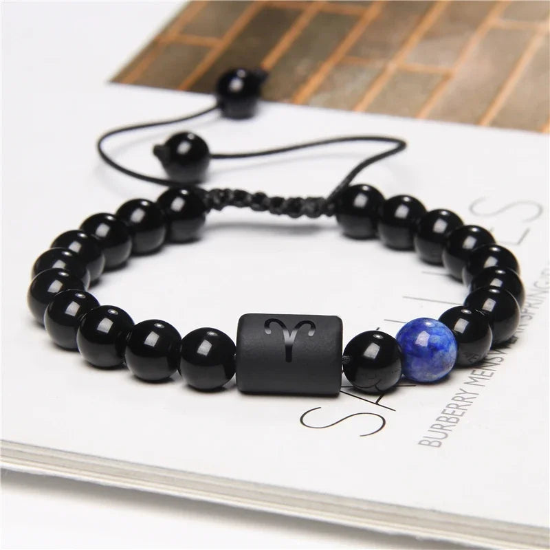 12-Sternbild-Sternzeichen-Armband, schwarze Onyx-Perlen, Krebs-Löwe, Onyx, geflochtenes Armband für Damen und Herren, Paare, Schmuck, Geschenk