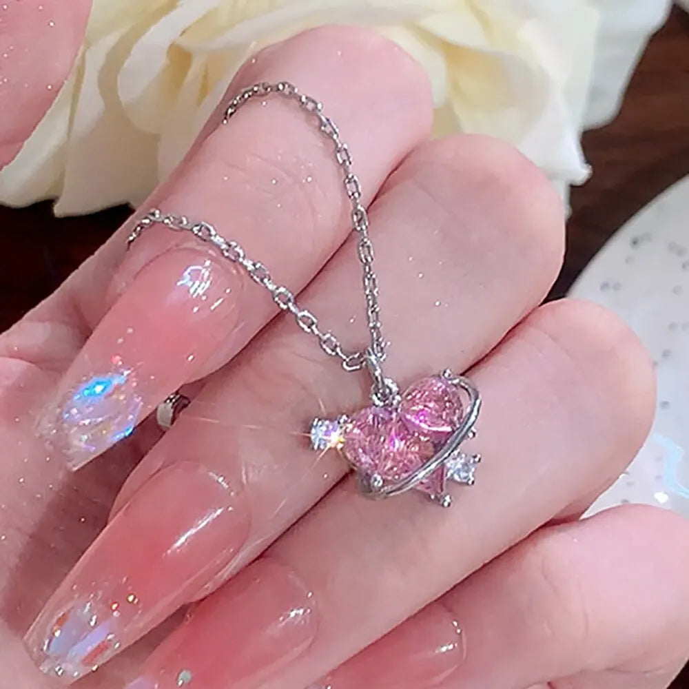 Y2k Kristall rosa Herz Halskette Ohrring Set Mode kpop glänzende Schlüsselbein kette für Frauen Mädchen neue Trend Party Geschenke Schmuck
