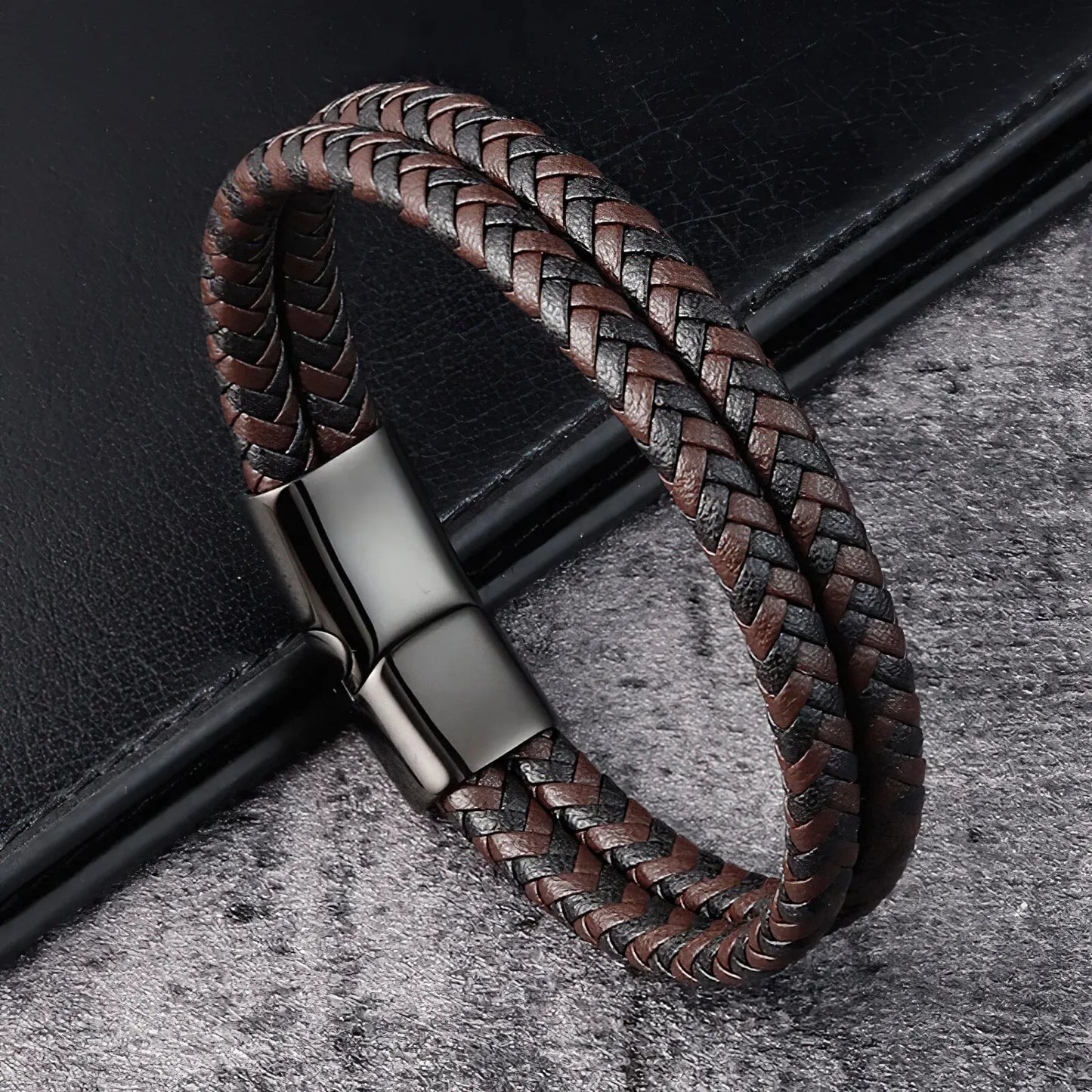 Männer Schwarz Blau Geflochtenes Echtleder Armband Doppelband Armreif
