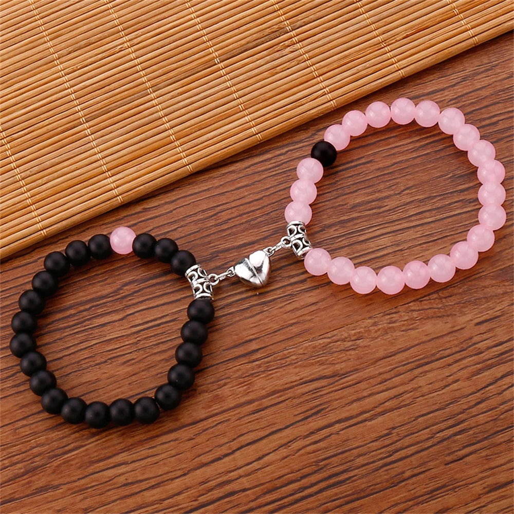 2 Teile/satz Perlen Paar Armbänder Naturstein Abstand Herz Magnet Armband Für Liebhaber Mode Liebhaber Schmuck Geschenk