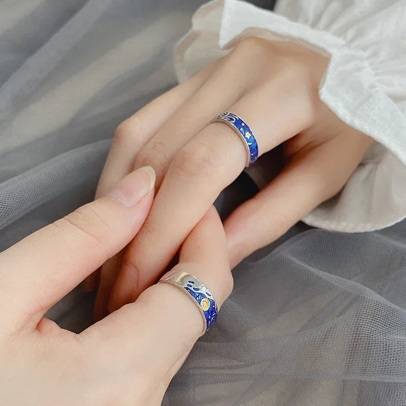 1/2 stücke romantische van Gogh Sternen himmel Ringe Liebhaber Paar Persönlichkeit öffnen Fingerring Männer Frauen Nacht Stern Mond Schmuck Geschenke
