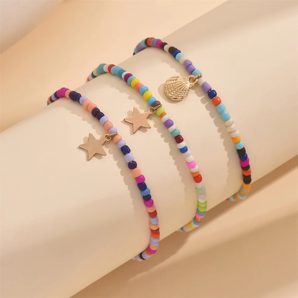 3 teile/satz Regenbogen Perlen Nette Sterne Shell Fußkettchen Für Frauen Multilayer Fuß Ketten Ankle Armband Strand Schmuck Sommer Zubehör