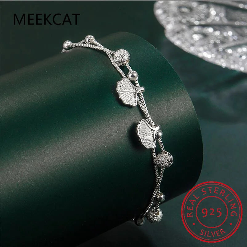 925 Sterling Silber Mode Doppelschicht Perlen Kette Ginkgo Blatt Armband Für Frauen Hochzeit Valentinstag Schmuck DB1161