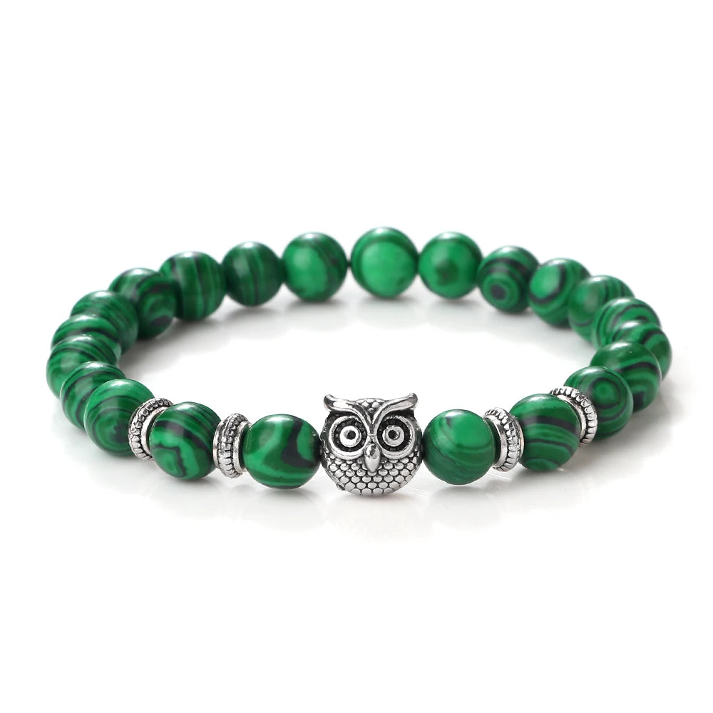Natürliche Stein Perlen Eule Armbänder Malachit Rock Lava Armreifen Charme Strang Elastische Energie Yoga Buddha Schmuck Für Frauen Männer