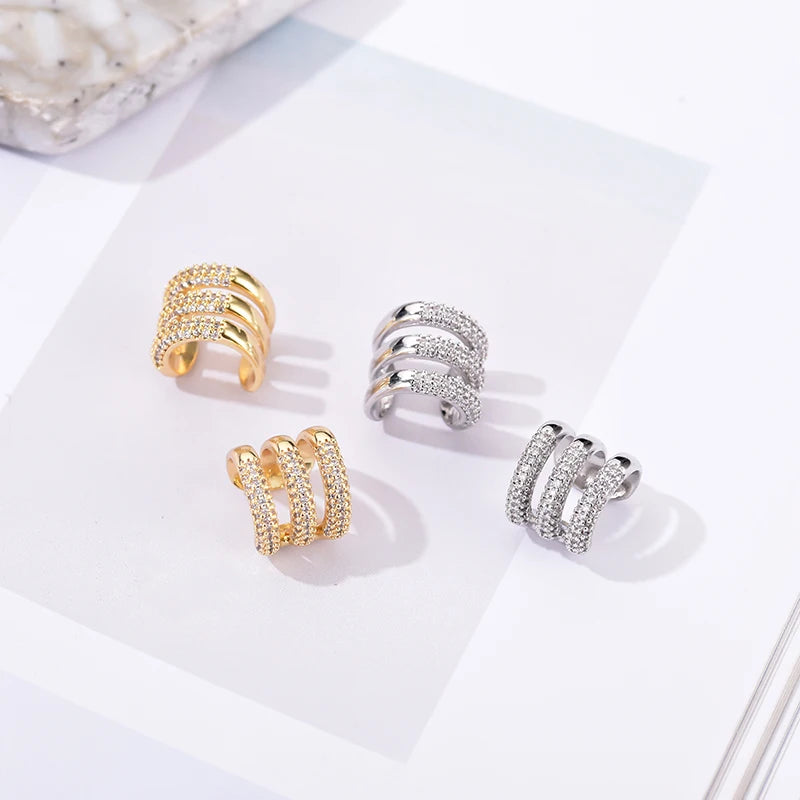 Dreischichtige C-förmige Clip-Ohrringe für Frauen, Ohrmanschetten ohne Piercing, gefälschte Knorpelohrringe, AAAA-Zirkonia, geometrischer Schmuck