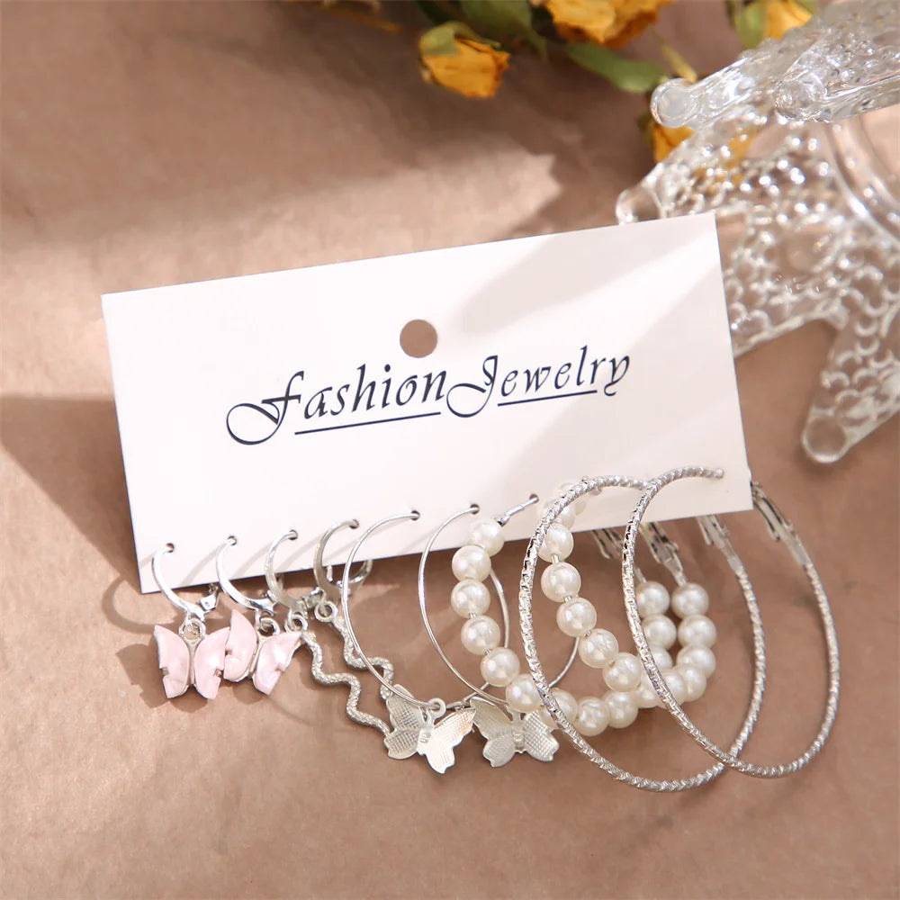 Mode Große Silber Farbe Runde Kreis Perle Hoop Ohrringe für Frauen Mädchen Schlange Schmetterling Baumeln Ohrring Set Weibliche Y2K Schmuck