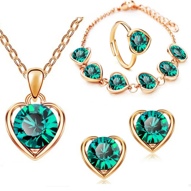 Blauer Kristall Ring Halskette Ohrringe Set Hochzeit Schmuck Sets für Bräute Anhänger Ohrringe für Mädchen Frauen Afrikanische Schmuck Sets