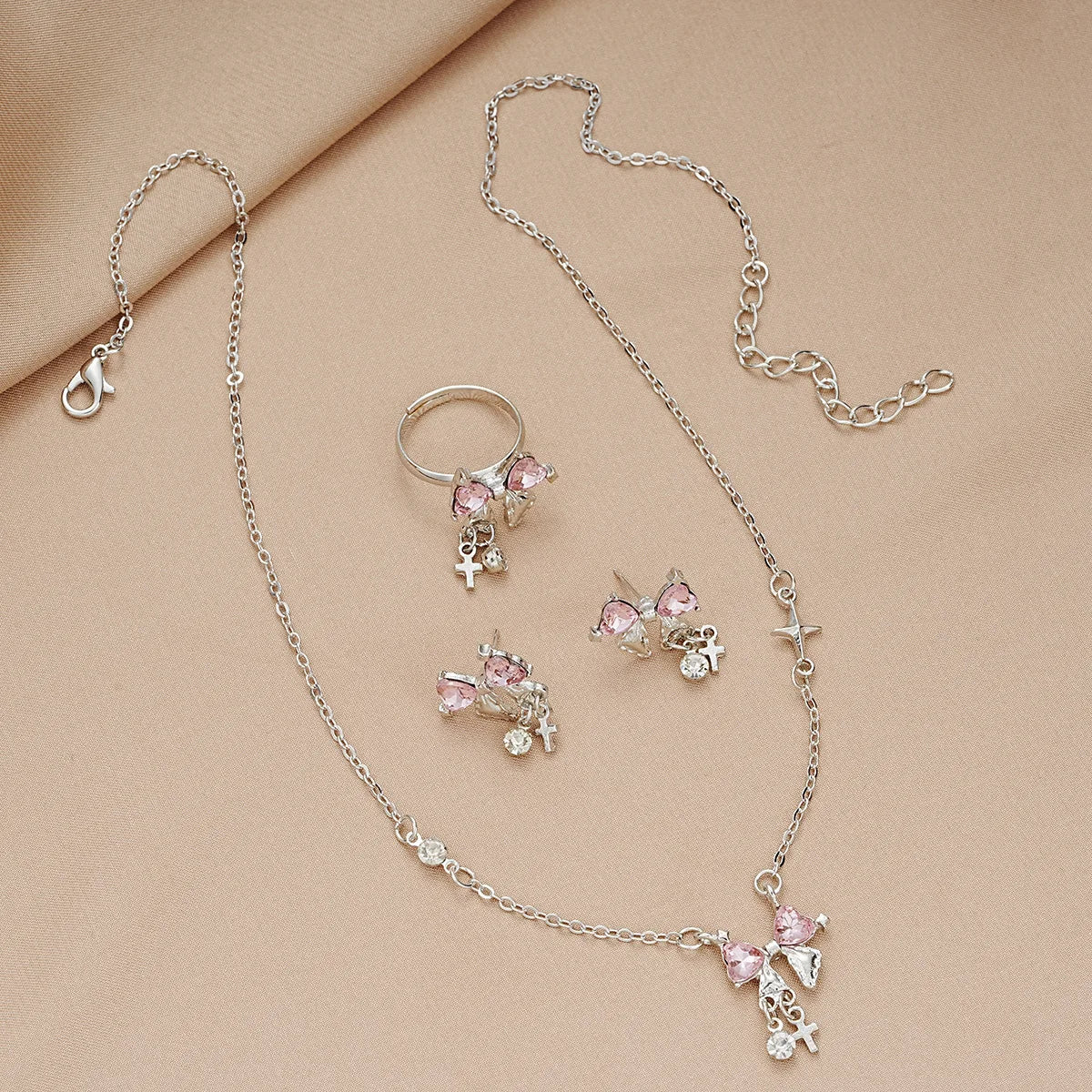 2024 Mode süße Zirkon Schleife Halskette Ohrringe Ringe Set drei Stück Silber Farbe elegante Luxus y2k Schmuck Set Party Geschenke antike