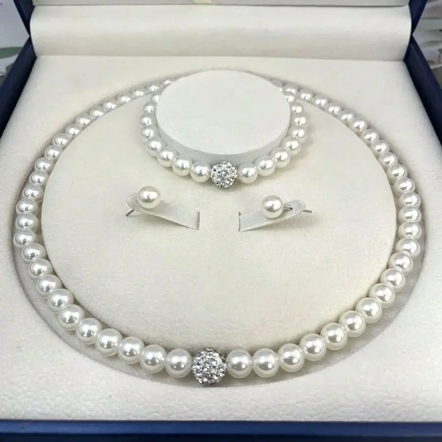 3-teiliges Set mit Imitationsperle, Feuerball-Halskette, Armband, Ohrring, Ohrstecker, Schmuckset, silberfarben, Kristallstein, eleganter Brautschmuck