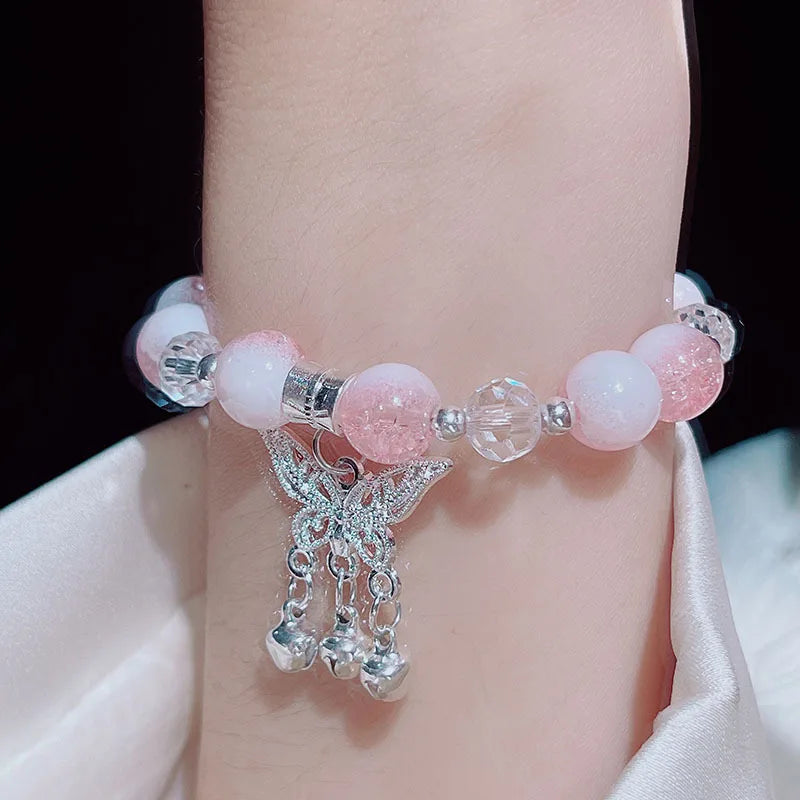 Schöne Frauen Hand Armbänder Schmetterling Herz Glocke Quaste Schloss Eis Rissige Perlen Glas Perlen Stretch Armreif Student Schmuck 1164