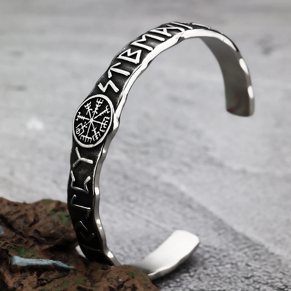 Wikinger Kompass Manschettenarmreif Herren Edelstahl Nordische Runen Hrungnir Amulett Armband Vintage Klassischer skandinavischer Schmuck Geschenk