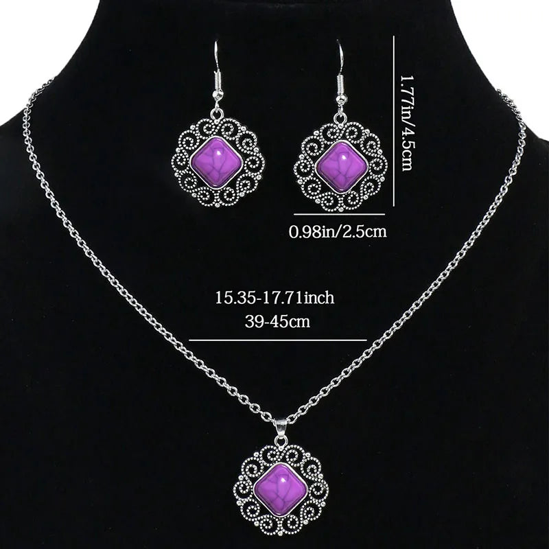 Böhmisches lila quadratisches Wassertropfen-Ohrring-Halsketten-Set für Frauen, europäische und amerikanische Mode, Temperament, Vintage-Schmuck