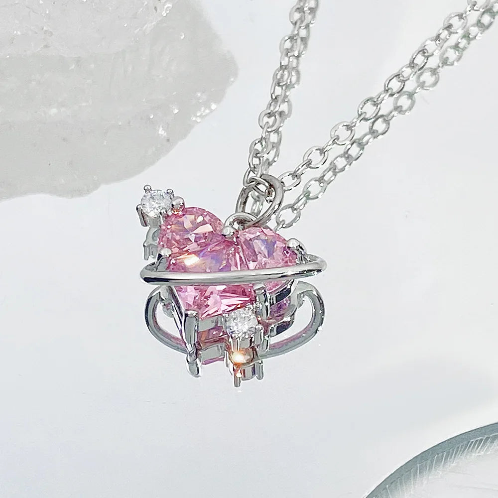 Y2k Kristall rosa Herz Halskette Ohrring Set Mode kpop glänzende Schlüsselbein kette für Frauen Mädchen neue Trend Party Geschenke Schmuck