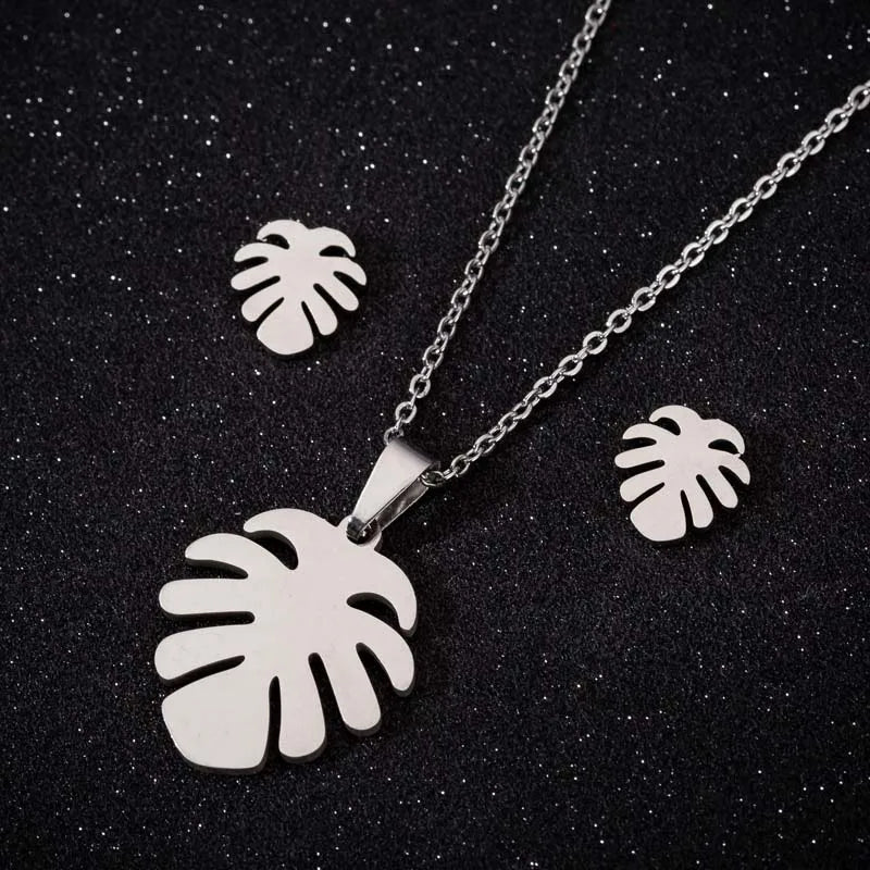 Set Schmuck Edelstahl Frau Boho Vintage Monstera Blätter Blume Pflanze Diy Anhänger Charms Ohrringe Und Halskette Set