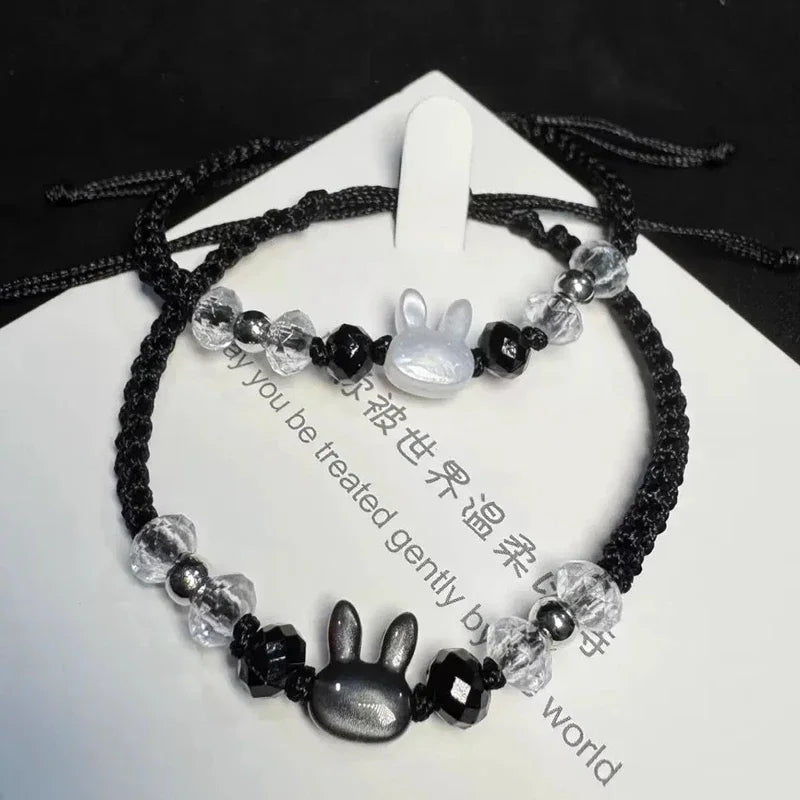 Süßes schwarz-weißes Kaninchen-Katzen-Armband, natürlicher Mondstein, Obsidian-Armbänder, Paar, minimalistisches Armband, handgefertigter Party-Schmuck, Geschenk