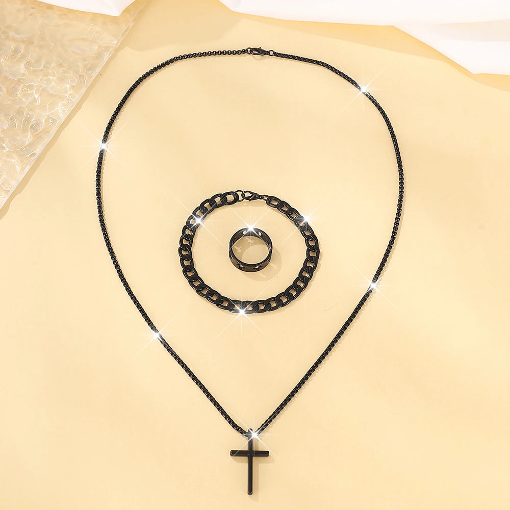 3 teile/satz männer Edelstahl Metall Kreuz Anhänger Kette Halskette Armband Ring Schmuck-Set Männlichen Hip Hop Täglichen Verschleiß zubehör