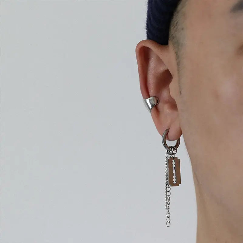 1 paar/2Pcs Klinge Kette Quaste Anhänger Ohr Clip/Schnalle Ohrringe Für Frauen Männer Edelstahl Schmerzlos hip Hop Gothic Pop Schmuck