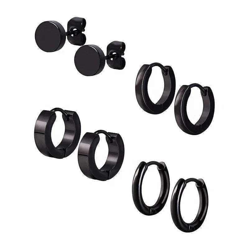 Stilvolles 4-Paar-Ohrring-Set für Herren – Ohrstecker und Creolen aus schwarzem Edelstahl, langlebig, vielseitig und allergiefrei