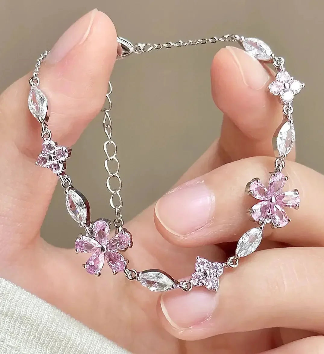 Koreanische Elegante Kirschblüte Bogen Zirkon Armband Y2K Süße Damen Hochzeit Kristall Blumen Armbänder Frauen Schmuck Zubehör