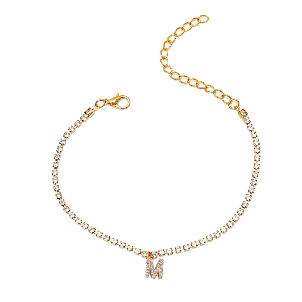 Mode Kreative Initial Buchstaben Alphabet Anhänger Strass Glänzenden Strand Fußkettchen Kette Fuß Schmuck Knöchel Armbänder für Frauen Boho