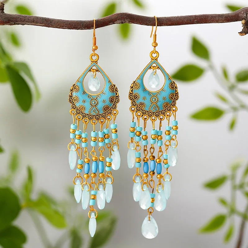 Bohemian Lange Bunte Quaste Perlen Wasser Tropfen Baumeln Ohrringe Für Frauen Vintage Gold Farbe Tropfen Glasur Ohrringe Pendientes Mujer