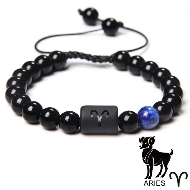 12-Sternbild-Sternzeichen-Armband, schwarze Onyx-Perlen, Krebs-Löwe, Onyx, geflochtenes Armband für Damen und Herren, Paare, Schmuck, Geschenk
