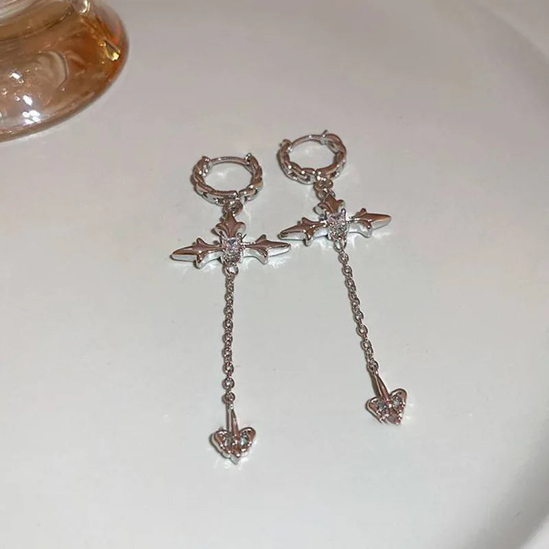 Coole Strass Zirkon Kreuz Ohrringe für Frauen Koreanische Mode Lange Quaste Ohrring Mädchen Täglichen Geburtstag Party Y2k Schmuck Geschenke