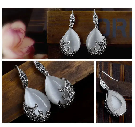 Vintage 925 Sterling Silber Schmuck Sets Für Frauen Mode Wasser Tropfen Form Cat Eye Stein Anhänger Halskette Ohrring Set