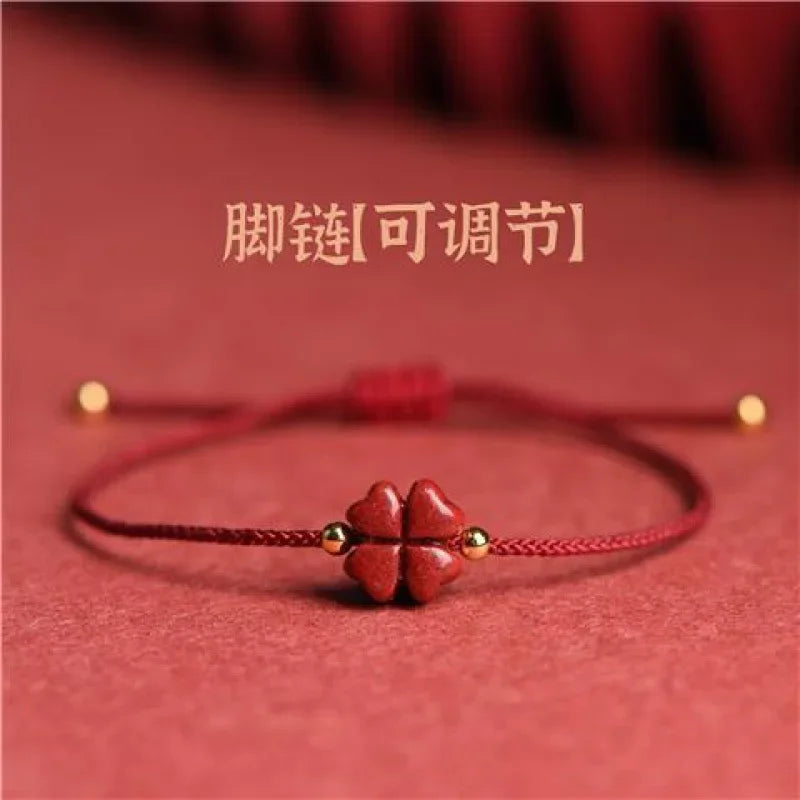 Natürlicher lila Zinnober-Glücksklee, handgefertigt, rotes Seil, Glücksarmreif, Damen- und Herren-Glücks-Fußkettchen, Armband, Größe verstellbar, • Mohamedпо