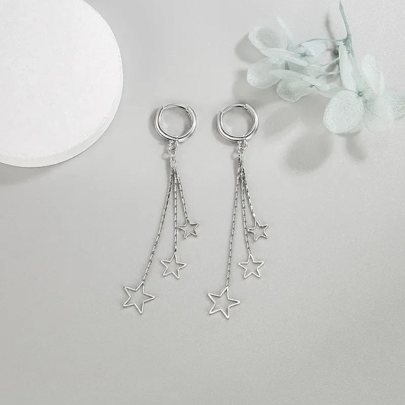 Elegante, beliebte Drei-Sterne-Creolen für Damen, 925er-Sterlingsilber, Party-Schmuck, wunderschöner langer Quasten-Ohrring, elegant