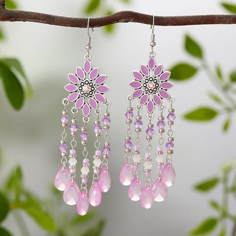 Neue Mode Böhmischen Vintage Blume Tropfen Baumeln Ohrringe Für Frauen Emaille Kristall Geometrische Schmuck Perlen Handgemachte Quaste Ohrringe