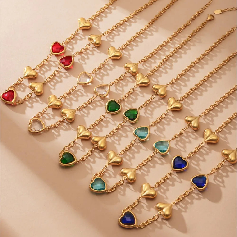 Edelstahl-Halskette, Armbänder, Ohrringe für Frauen, 6 Farben, Herz, facettierte tschechische Glas-Halsketten, Armband, baumelnde Ohrringe-Set