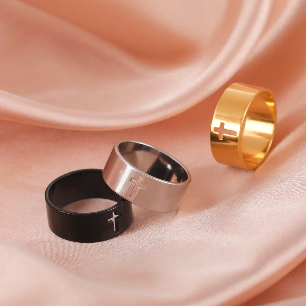 Bibelvers Hohlkreuz Frauen Fingerring Edelstahl Gold Stahl Schwarz Farbe Christian Jesus Männer Schmuck Geschenk Eheringe